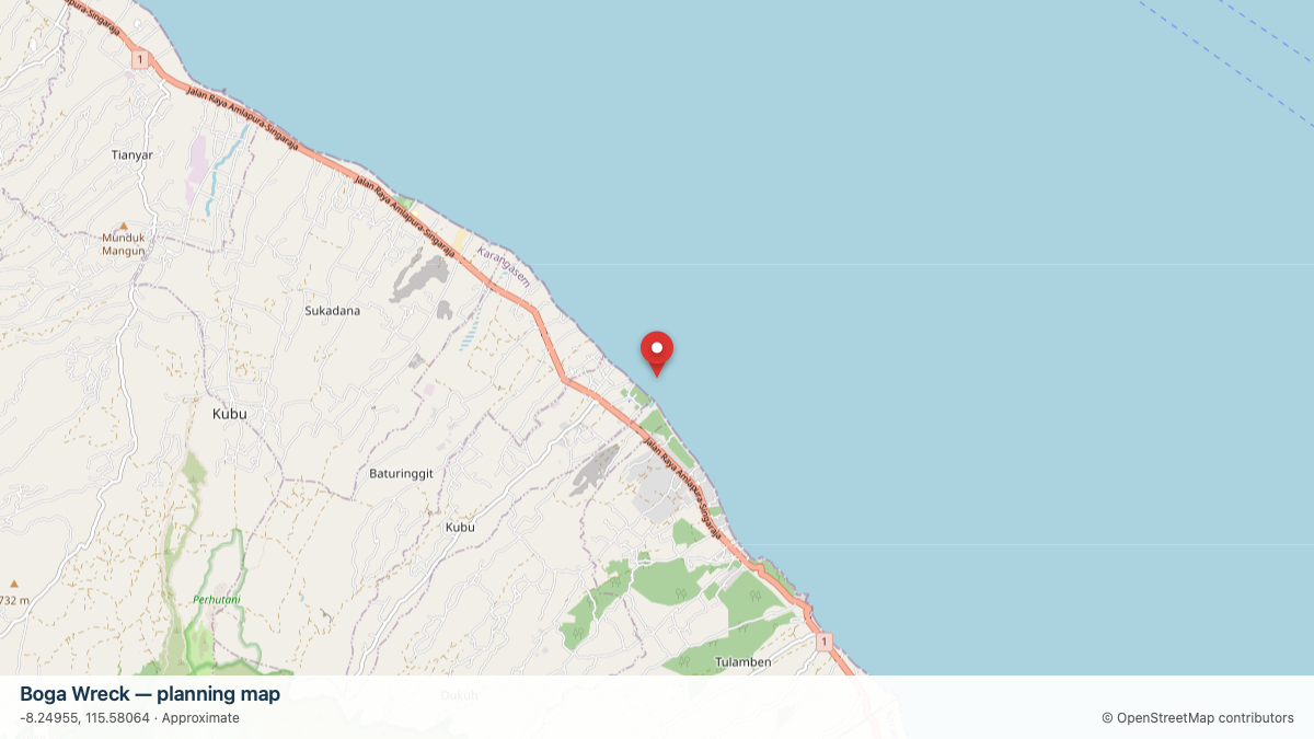 Boga Wreck dive site planning map