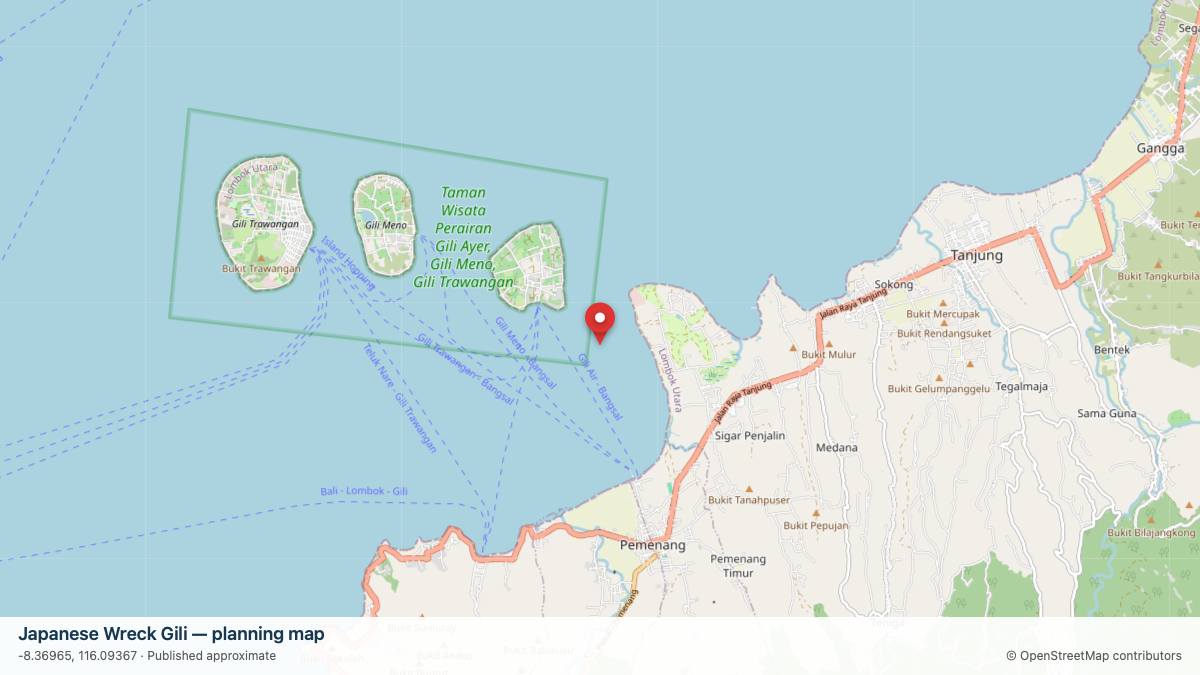 Japanese Wreck Gili dive site planning map