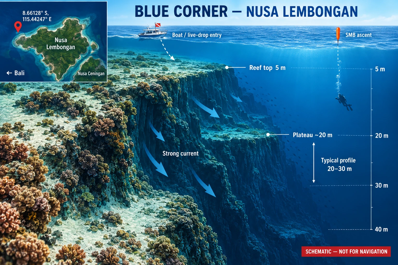Schematic dive site map of Blue Corner, Nusa Lembongan, showing the reef top, 20-metre plateau, wall, current direction and typical 20–30-metre dive profile.